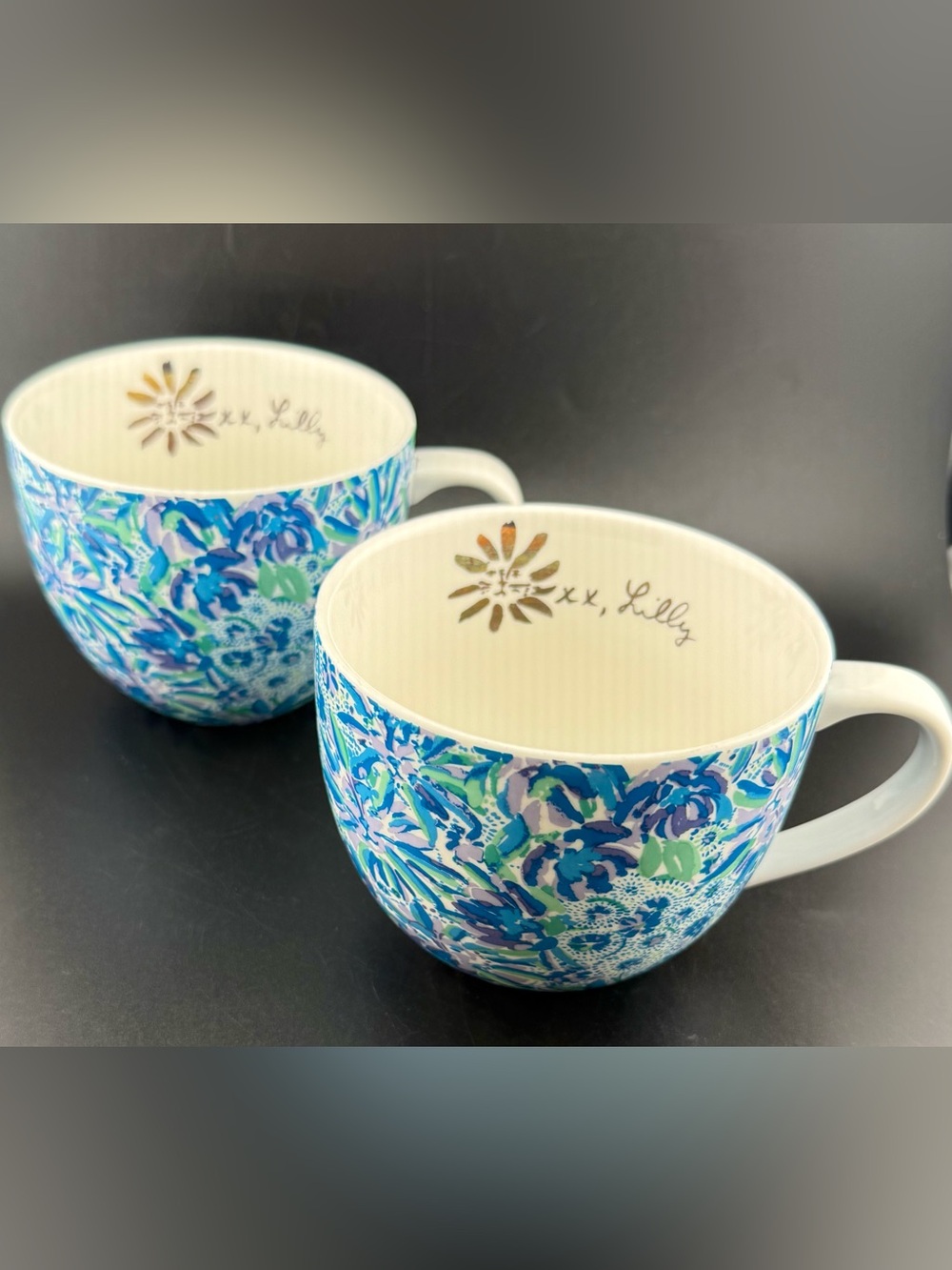 2 Lilly Pulitzer ceramic coffee mugs. Blue floral "High Maintenance" pattern - Picture 1 of 15